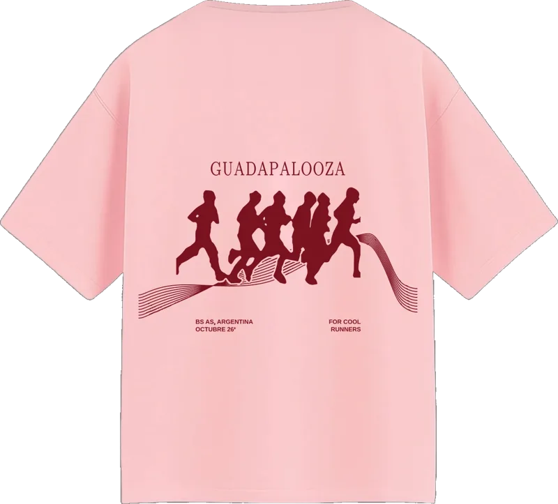 Remera rosa, espalda: Guadapalooza, corredores grandes en bordó, BS AS Argentina, octubre 26, for cool runners.